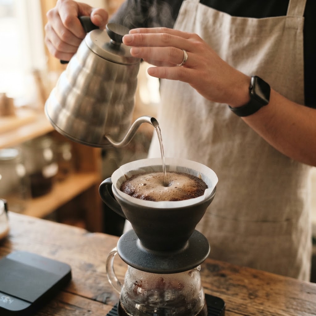 Barista pouring pour-over coffee